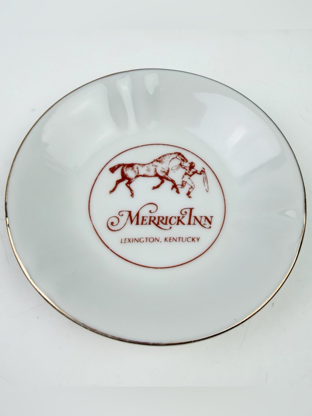 Vintage Merrick Inn Lexington KY Horse Jockey Gold Rim Ceramic Saucer Plate 70s